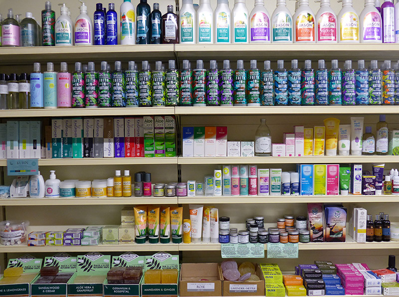 Toiletries, hygiene and cleaning products at the Stirling Health Food Store in Scotland