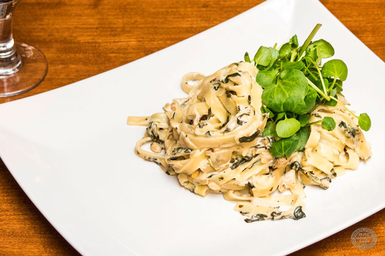 Creamy Pasta with Watercress, Spinach and Pine Nuts